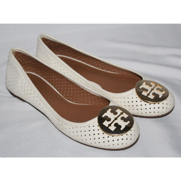 Tory Burch Shoes - NEW TORY BURCH WOMEN'S LASER CUT MINNIE LEATHER BALLET FLATS IVORY GOLD SZ 7‎
